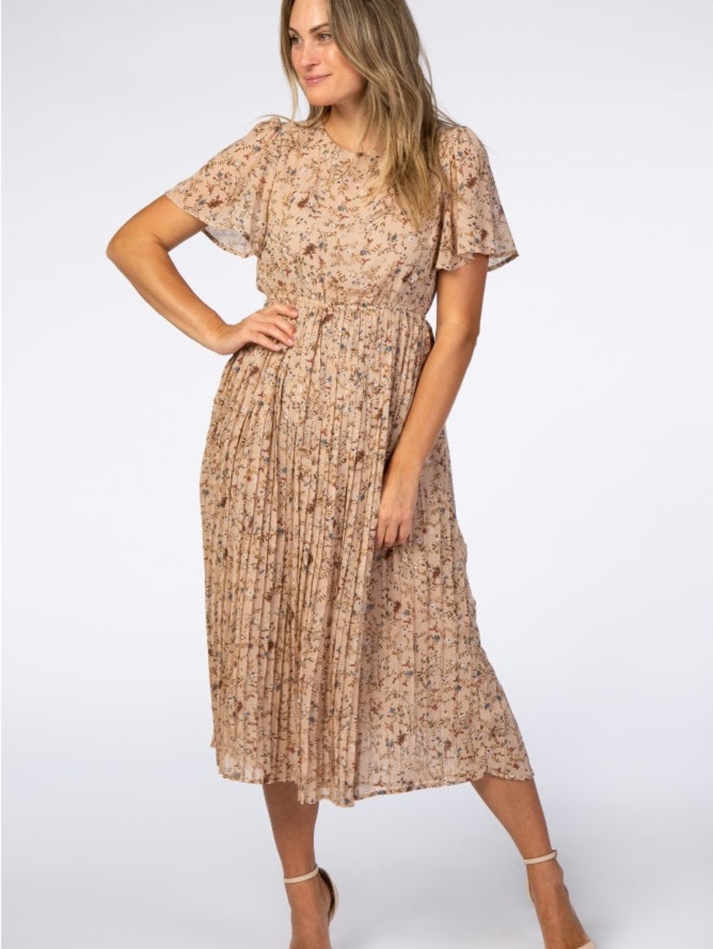 PinkBlush - Floral Pleated Midi Dress in Beige